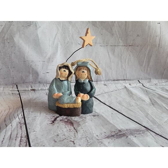 Christmas Ornament Holy Family Blue Resin 3 inch - Picture 1 of 6